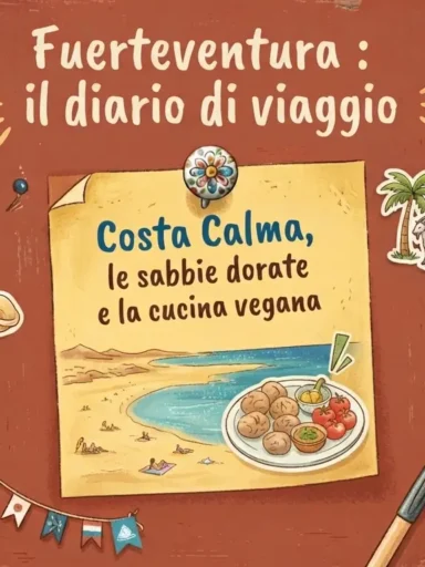 Locandina su Fuerteventura su sfondo bordeaux