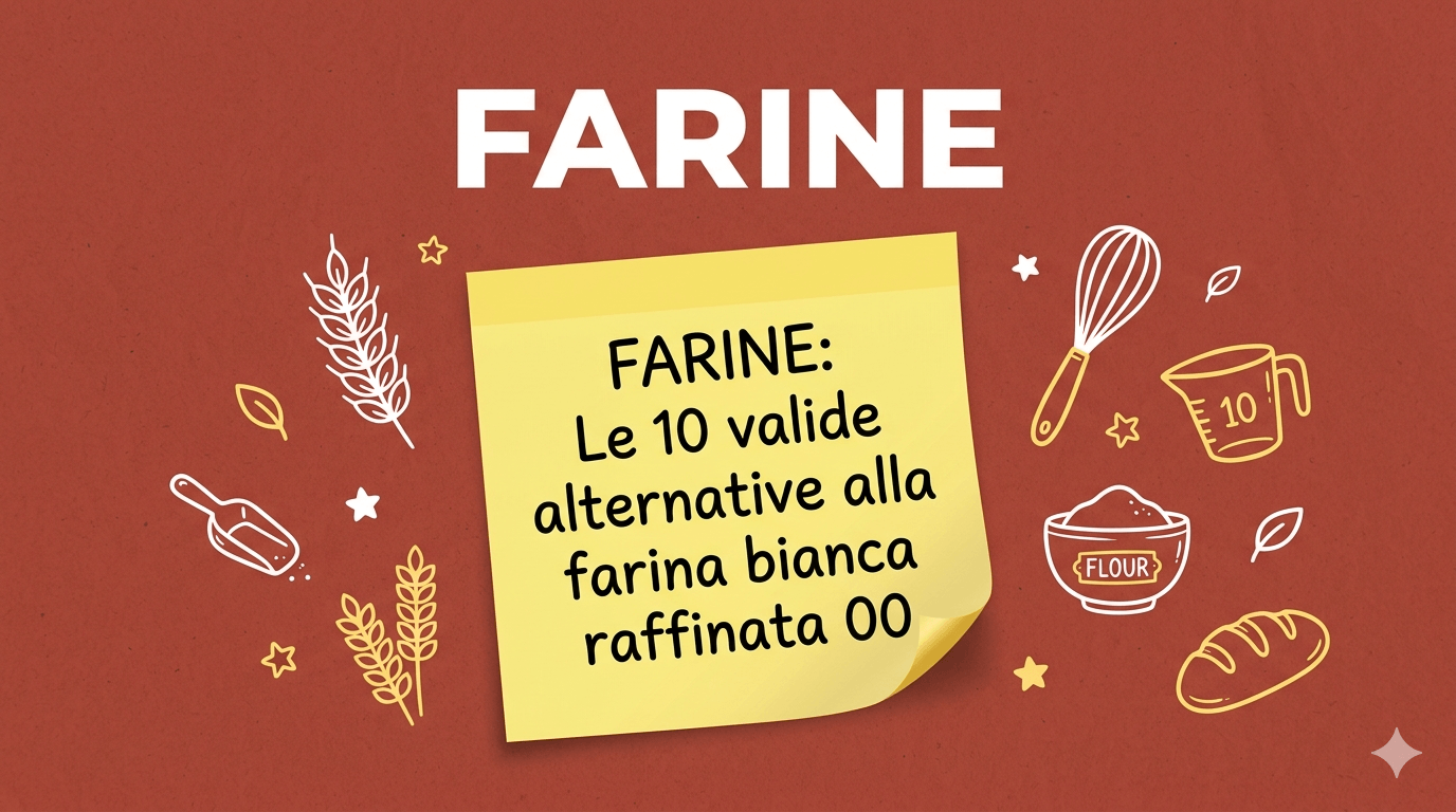 Locandina bordeaux con al centro post it giallo sulle alternative delle farine