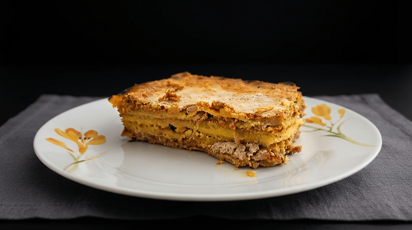 Lasagne di crepes di mais con ragù di jackfruit e besciamella di yogurt di soia