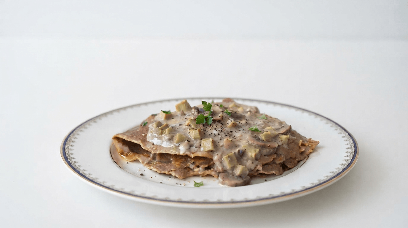 Crespelle di castagne ripiene di ragu di carciofi e besciamella ai funghi