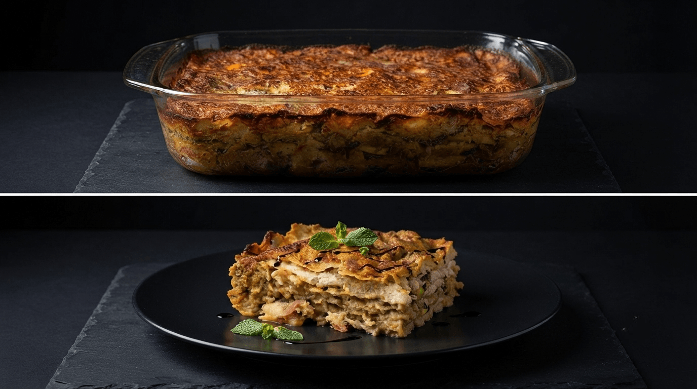 Lasagne bianche di pane carasau integrale con sugo di broccoli e funghi champignon con besciamella di verdure