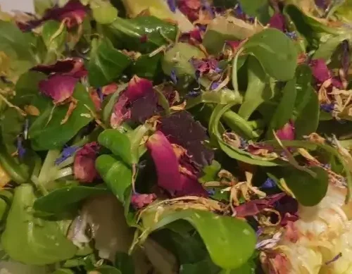 Insalata di fiori eduli di rosa fiordaliso e calendula