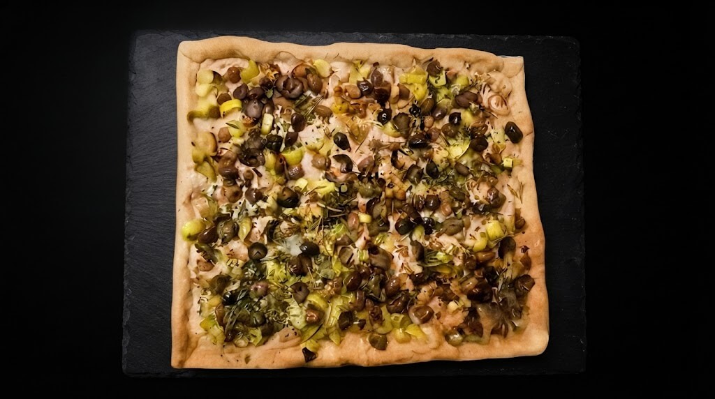 Focaccia di kamut e farro ai porri ed erbette aromatiche