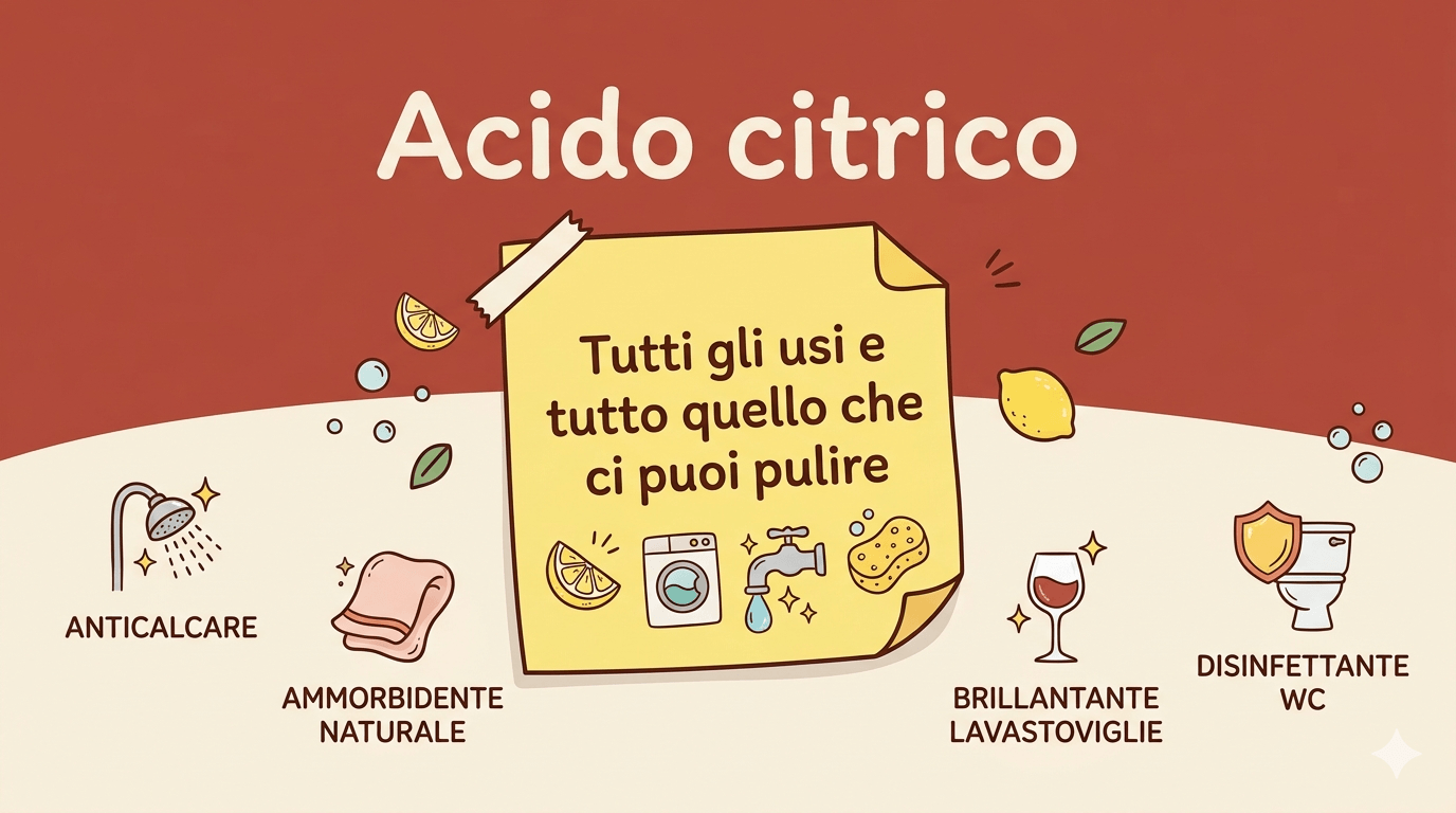 Locandina acido citrico con post it giallo e sfondo bordeaux