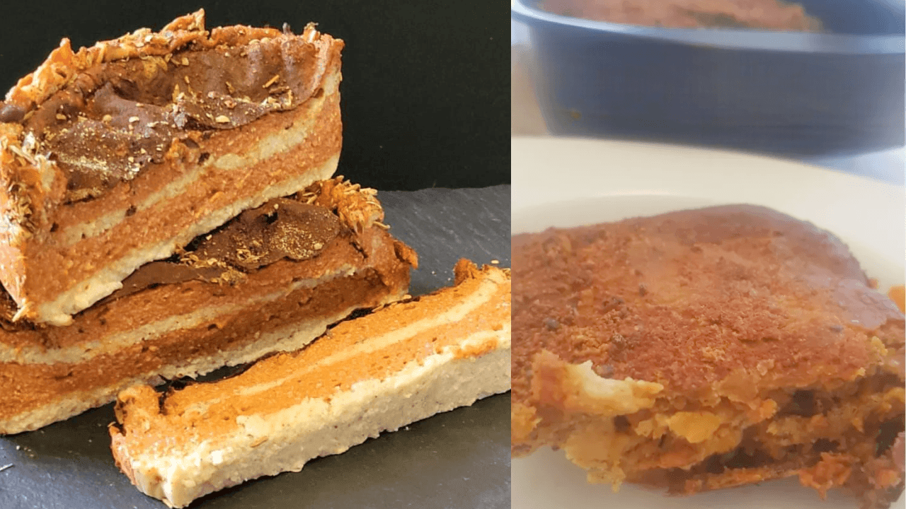 Lasagne in un piatto bianco e accanto guanciale vegano