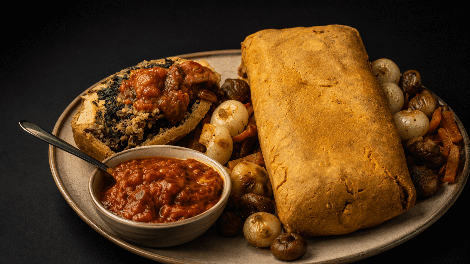Tofurkey arrosto di natale ripieno di spinaci funghi shiitake e macinato di riso integrale e lenticchie