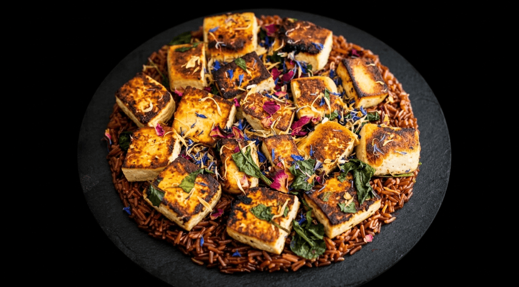 Tofu all'arancia su riso rosso integrale agli agrumi