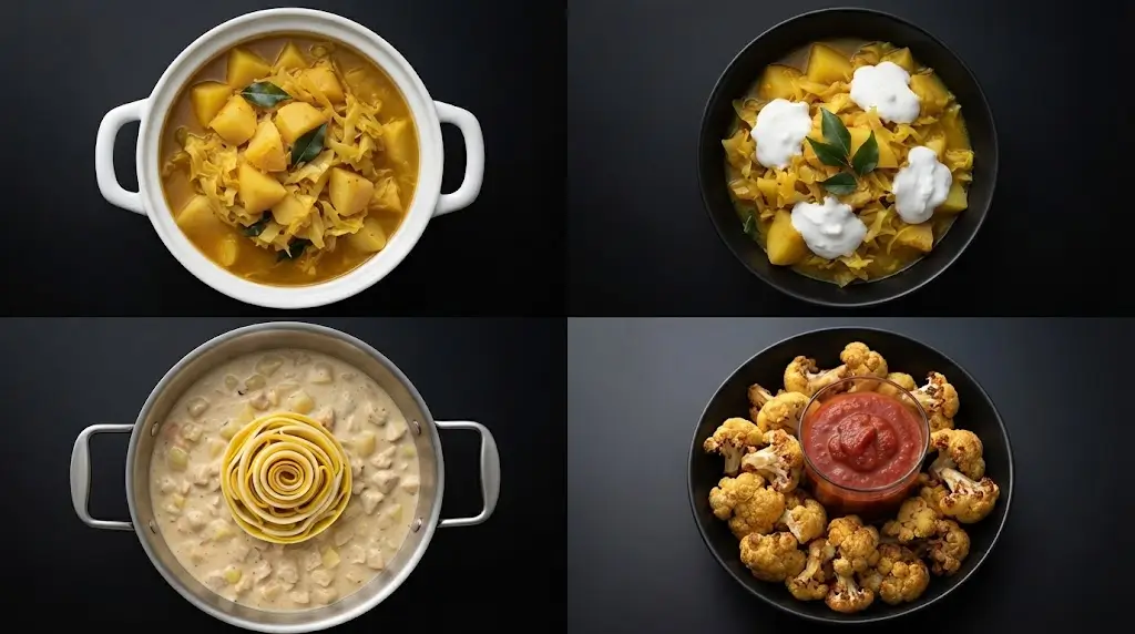 Zuppa russa shchi di verze e cipolle/bocconcini di tempeh glassato/ali di cavolfiore barbecue