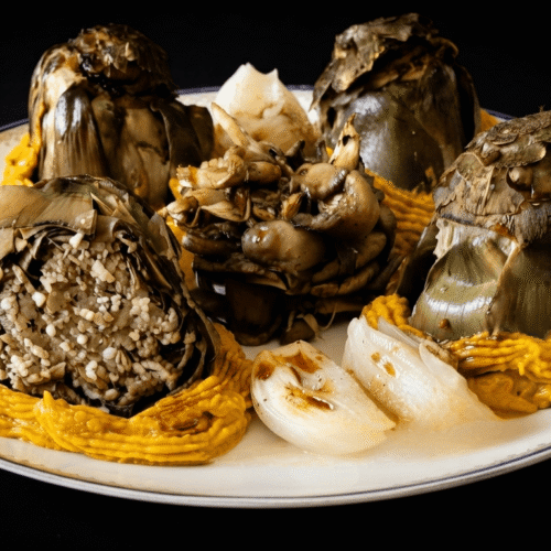 Carciofo ripieno di funghi pleurotus e mandorle