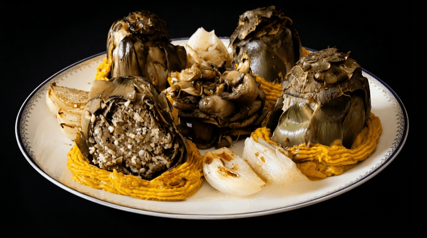 Carciofo ripieno di funghi pleurotus e mandorle