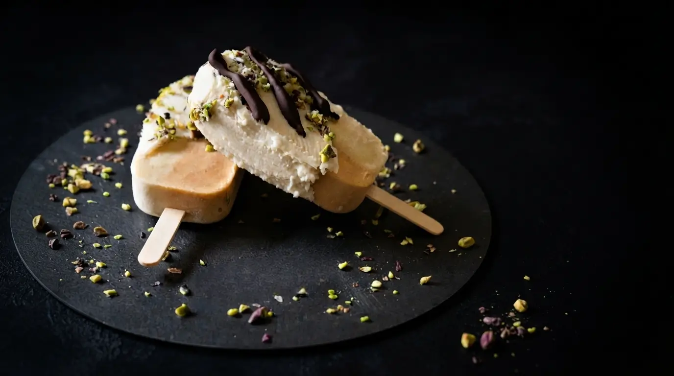 Stecchi di semifreddo al doppio gusto albicocche e pesche su vassoio acciaio nero