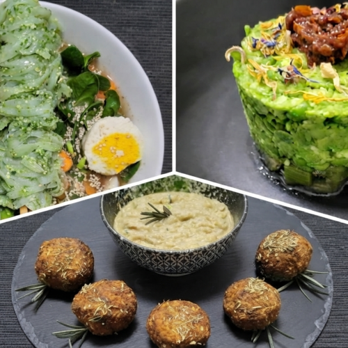 RICETTE CRUDISTE : ramen vegano con uova crudiste e fettuccine di konjak/Tartare di sedano con pisellini ed edamame/polpettine crudiste di carote al timo servite con salsa ai carciofi