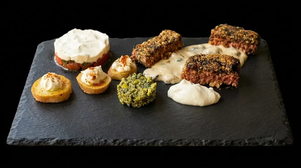 Tataki di bistecchine di soia,tartare di pomodori e mousse di stracchino, battuto di olive e bottarga, crostini di patata rossa