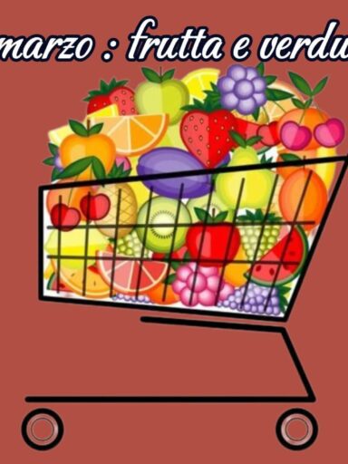 Carrello spesa pieno di frutta e verdura