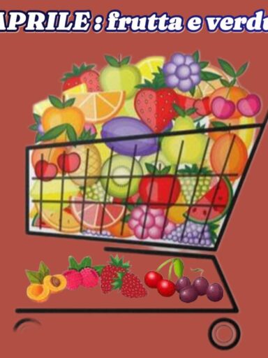 Carrello della spesa pieno di frutta e verdura su sfondo bordeaux