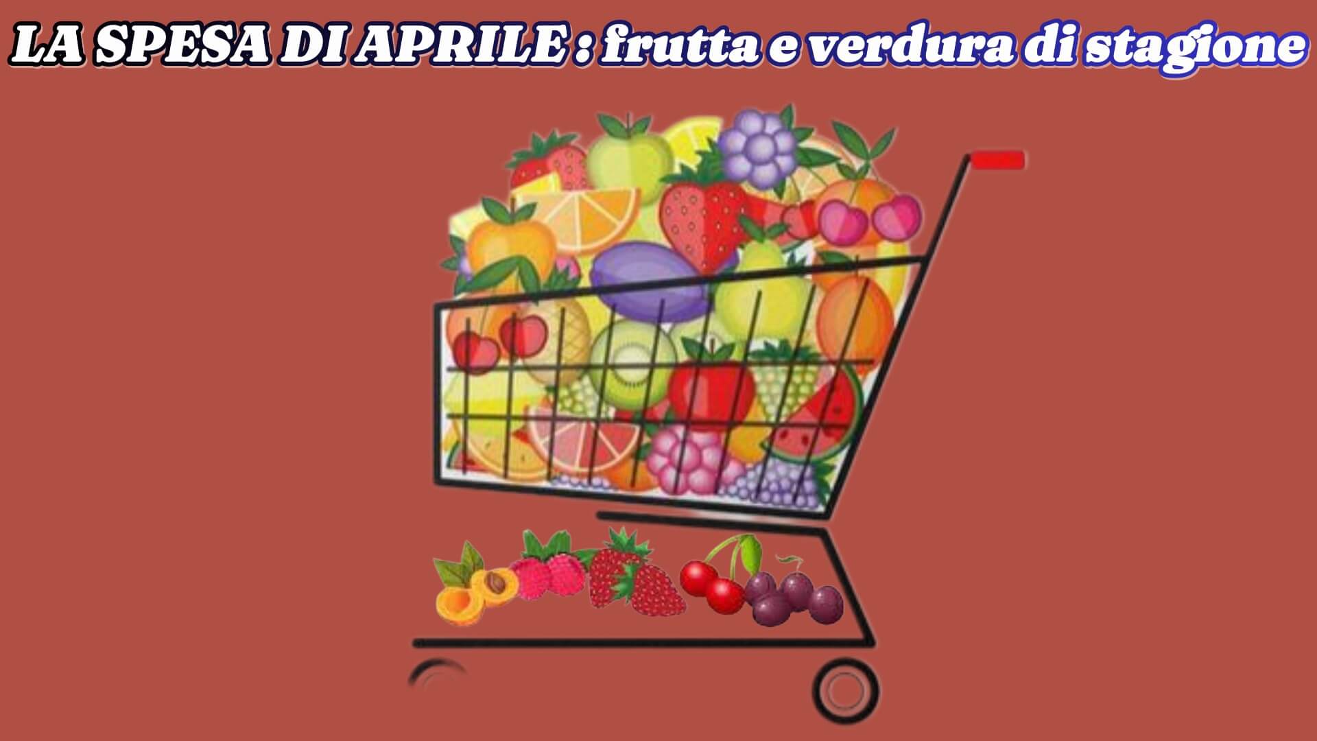 Carrello della spesa pieno di frutta e verdura su sfondo bordeaux