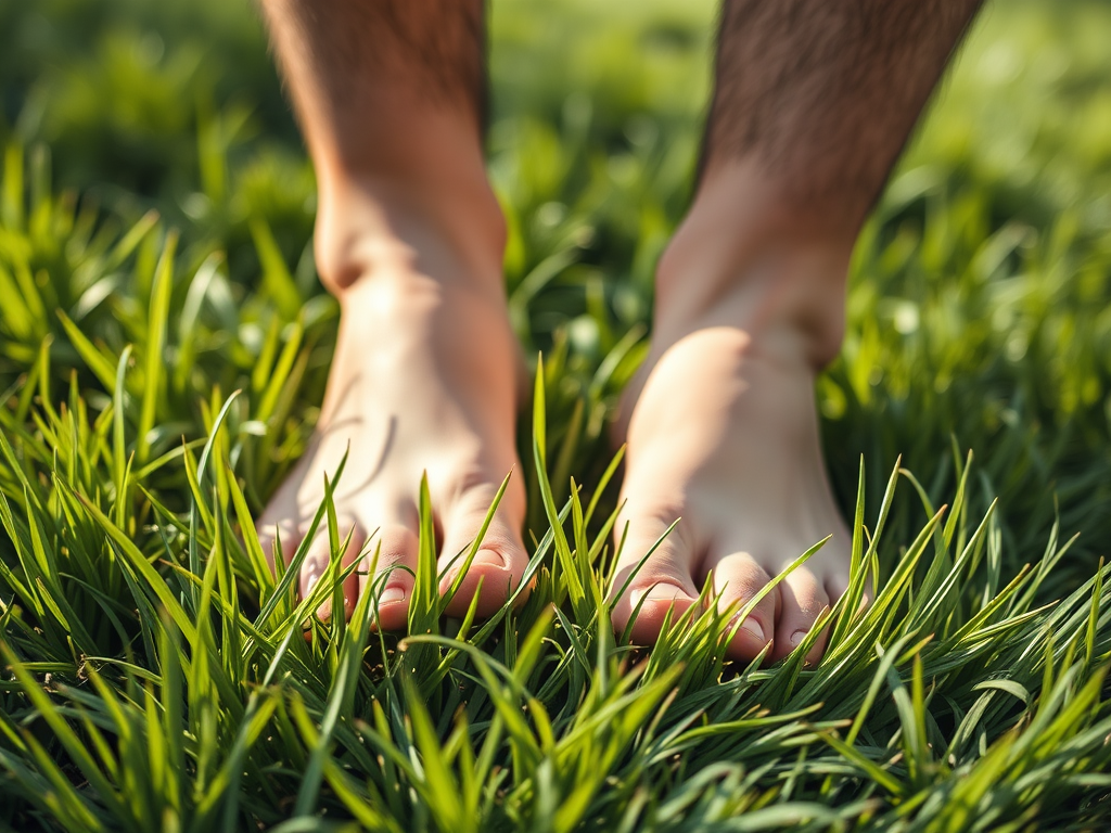 Un primo piano di piedi nudi che calpestano l'erba verde, simboleggiando il contatto con la natura e il benessere.