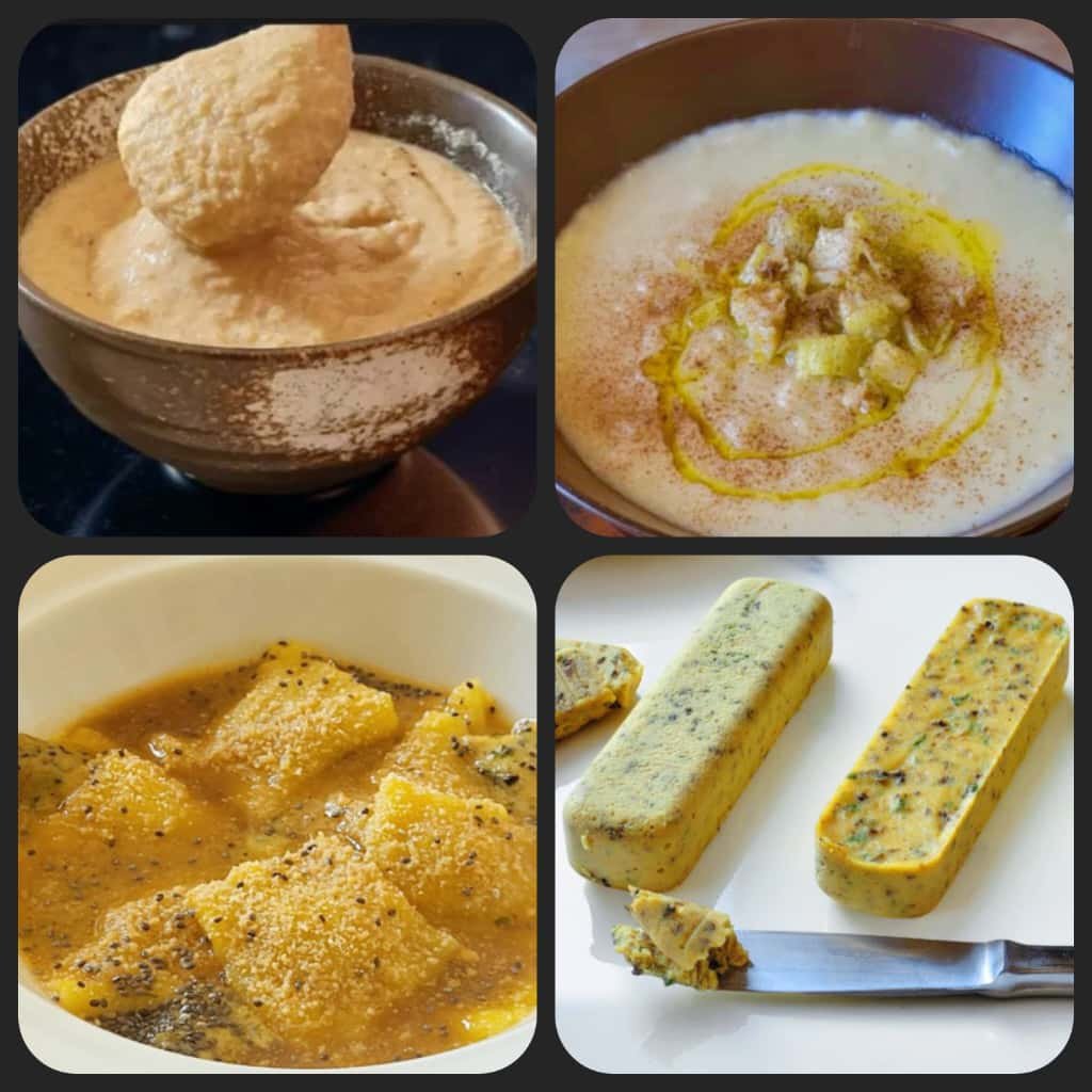 Collage di quattro piatti vegani: una crema, un piatto di polenta, una zuppa e un blocco di burro vegetale.