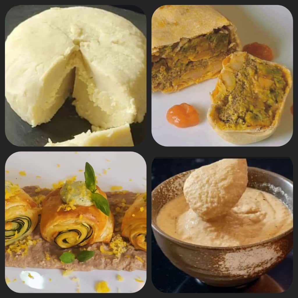 Collage di piatti gourmet vegani, inclusi un formaggio vegetale, un ripieno vegetale, rotoli di zucchine e una crema di legumi.
