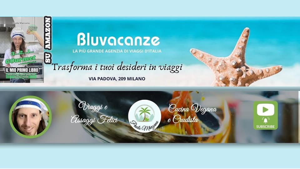 Banner promozionale per Viaggi&AssaggiFelici con scritte su un fondo azzurro, che include un'immagine di una stella marina e riferimenti a viaggi, cucina vegana e il primo libro di ricette dell'autore.