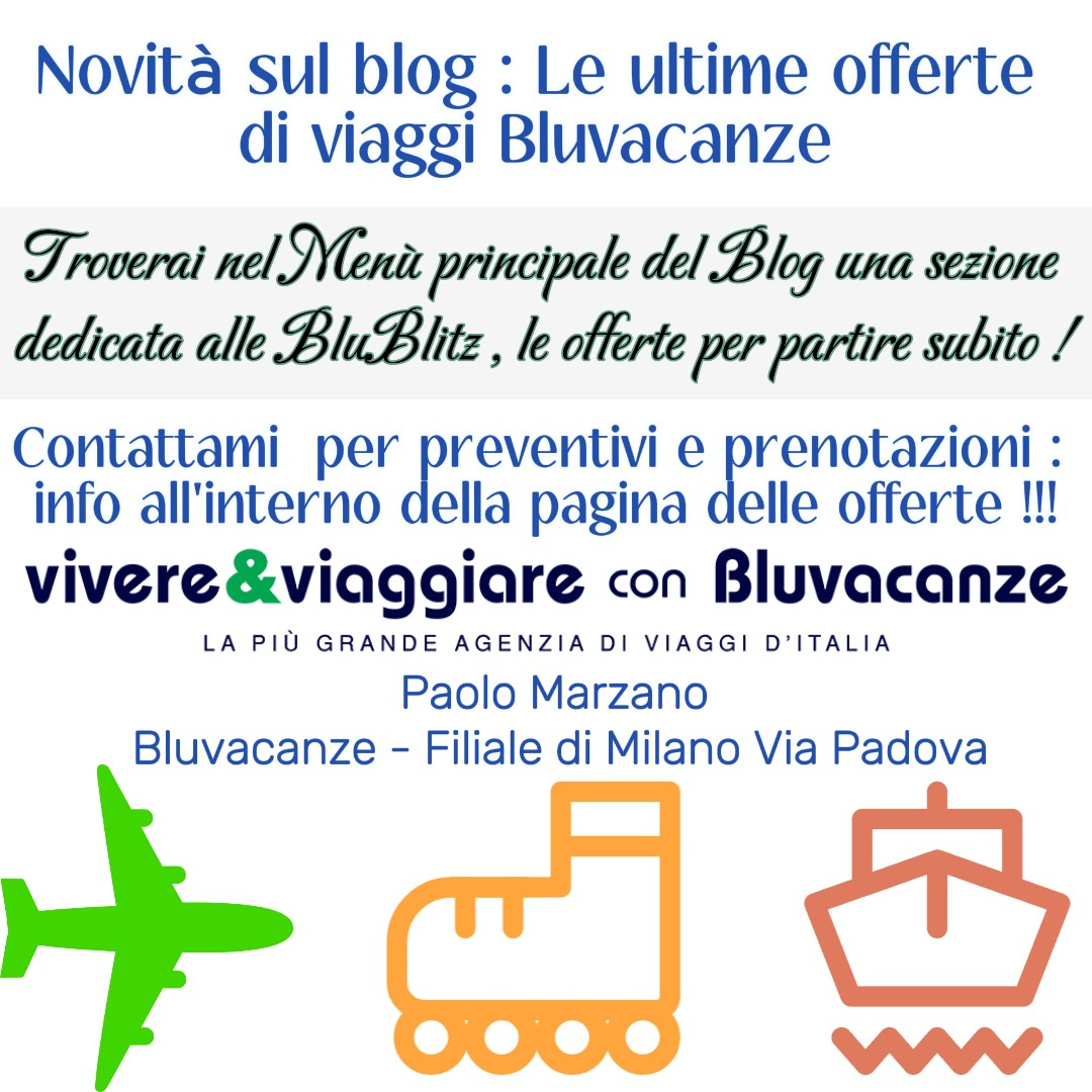 Logo di Bluvacanze con testo informativo sulle ultime offerte di viaggi, includente un aereo, un treno e una nave.