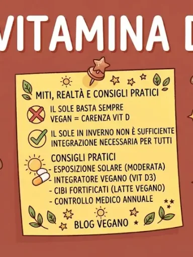 Locandina su sfondo bordeaux Vitamina D e veganismo: miti, realtà e consigli pratici