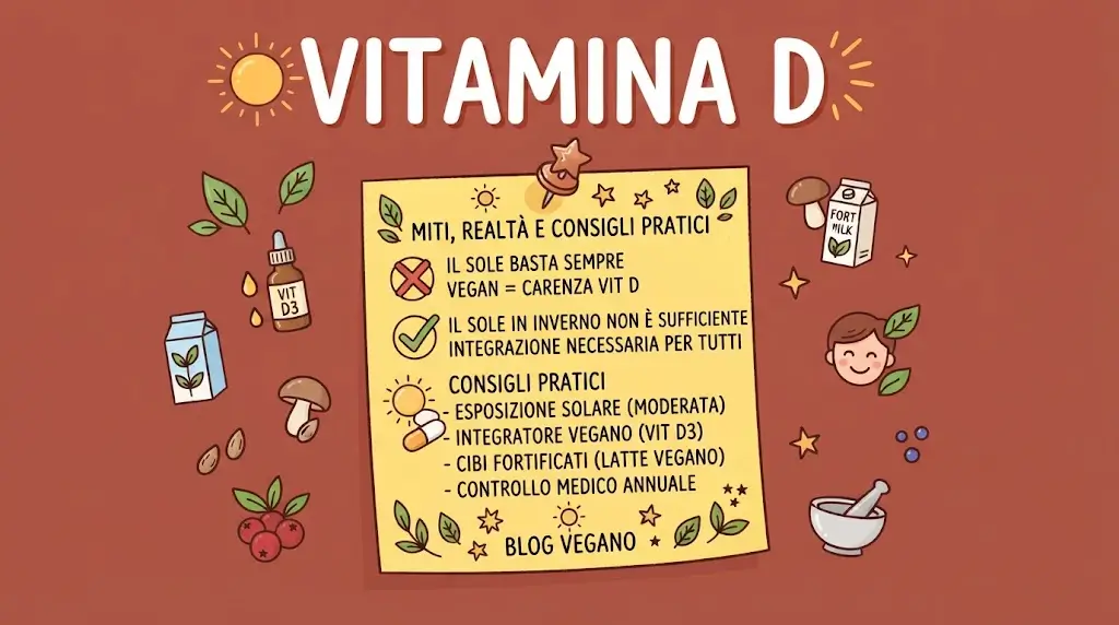 Locandina su sfondo bordeaux Vitamina D e veganismo: miti, realtà e consigli pratici