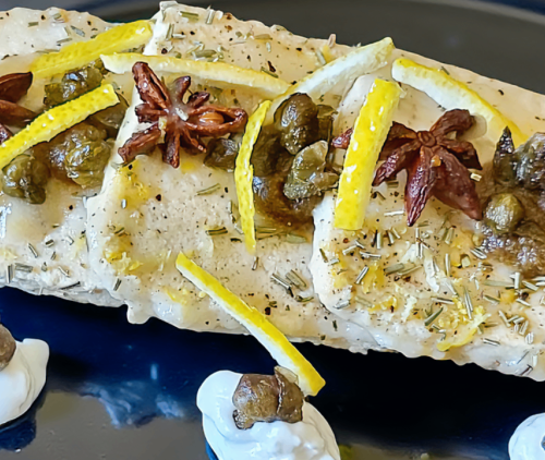 “Scaloppina” al limone , anice stellato ,capperi fritti ed un’emulsione di capperi