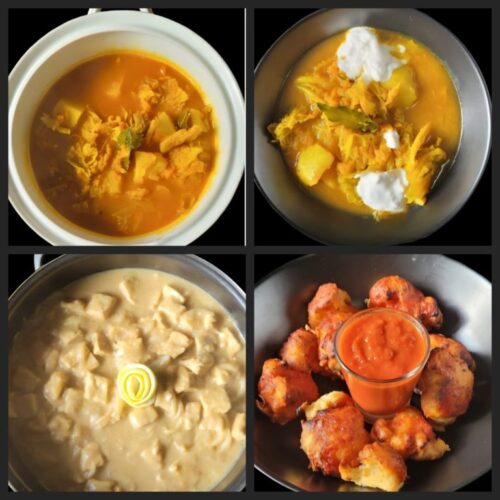 Zuppa russa shchi di verze e cipolle/bocconcini di tempeh glassato/ali di cavolfiore barbecue