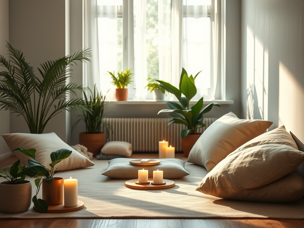 Spazio interno accogliente con cuscini, candele e piante verdi, illuminato dalla luce naturale.