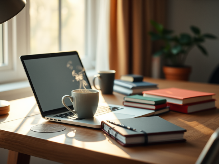 Una scrivania con un laptop, una tazza di caffè fumante e diversi quaderni, circondata da luce naturale e piante.