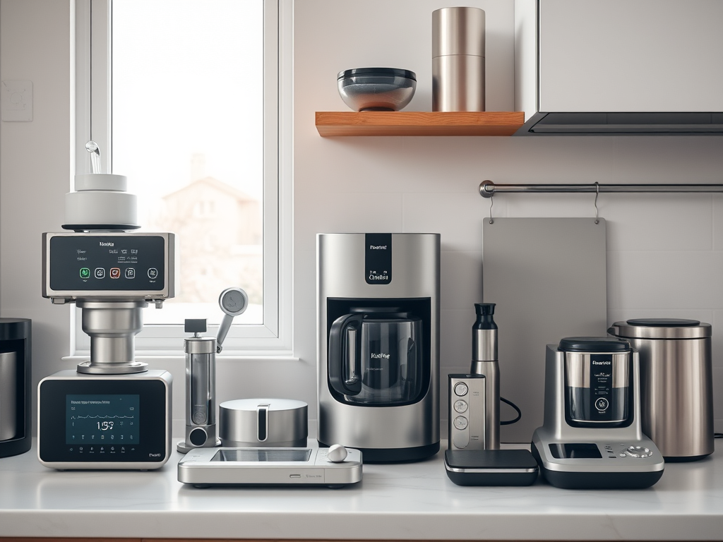 Una moderna cucina con vari elettrodomestici da cucina, tra cui una macchina per caffè, un frullatore, e un dispositivo di cottura multifunzione, disposti ordinatamente su un piano di lavoro.