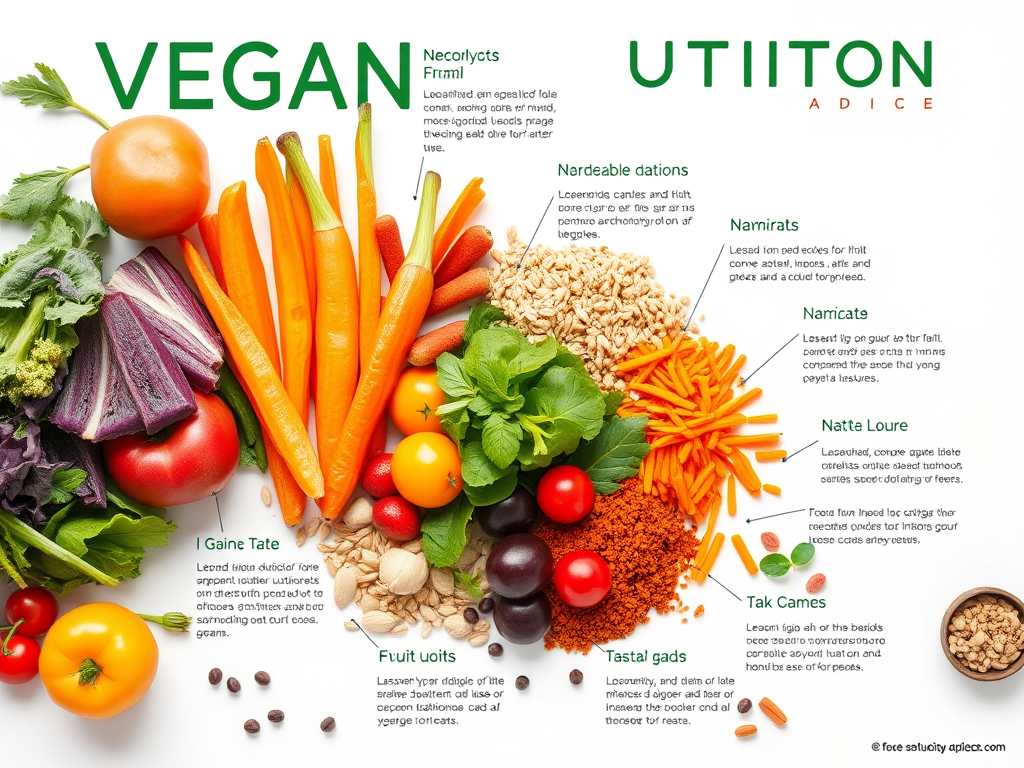 Un assortimento di frutta e verdura fresche con testo informativo su una dieta vegana.