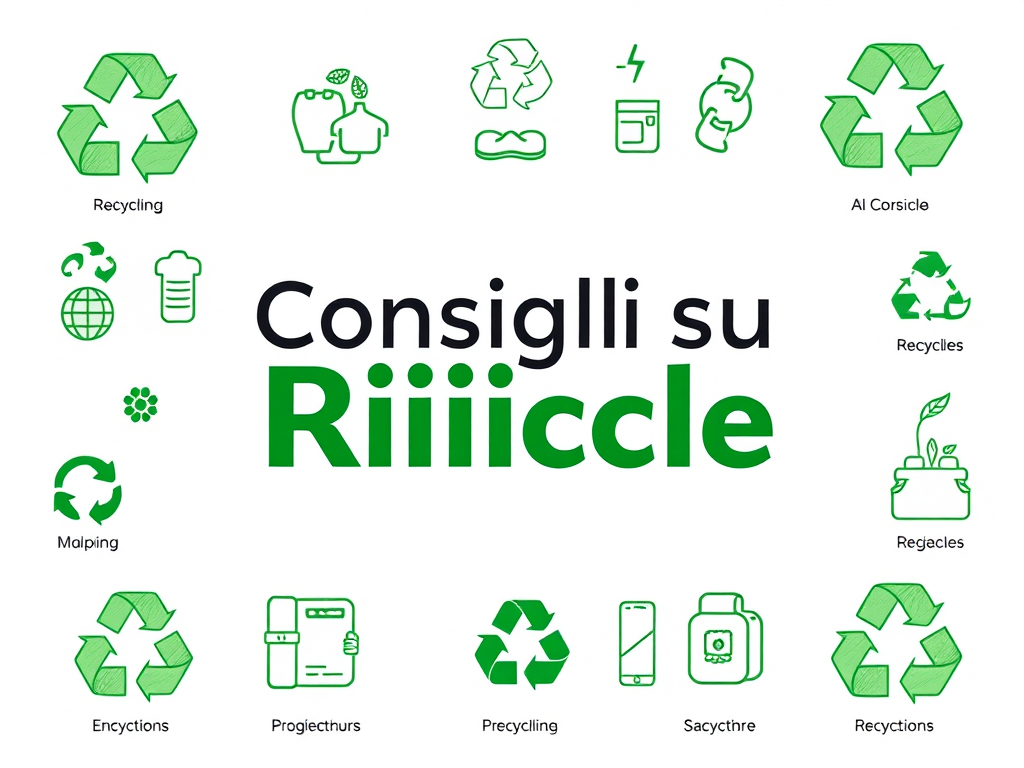 Illustrazione con simboli del riciclaggio e il testo "Consigli su RiiiiiCCle" in verde e nero, evidenziando vari aspetti del riciclo.