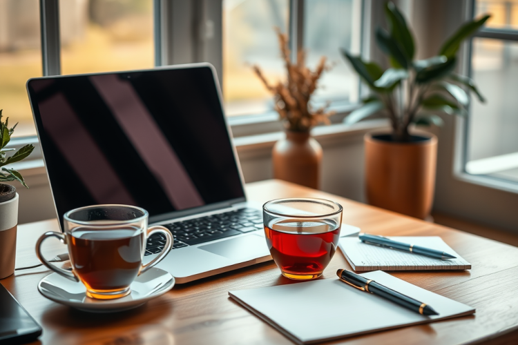 Un tavolo con un computer portatile, due tazze di tè, un blocco note, una penna e piante in vaso, illuminato dalla luce naturale.