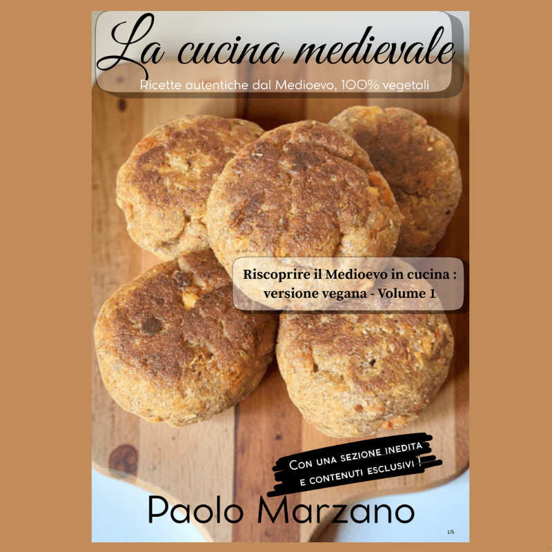Copertina del libro 'La cucina medievale' con ricette vegane, che mostra dei panini su un tagliere di legno.