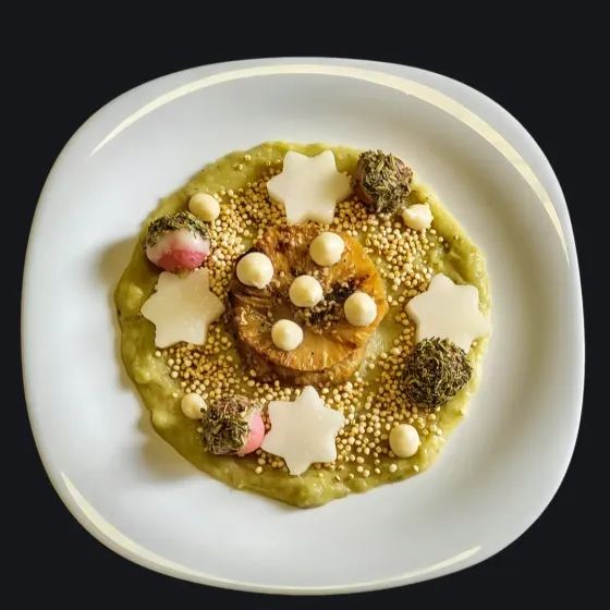 Un piatto gourmet vegano con purè di avocado, decorato con stelle di formaggio vegano, polpette verdi, quinoa e palline di crema.