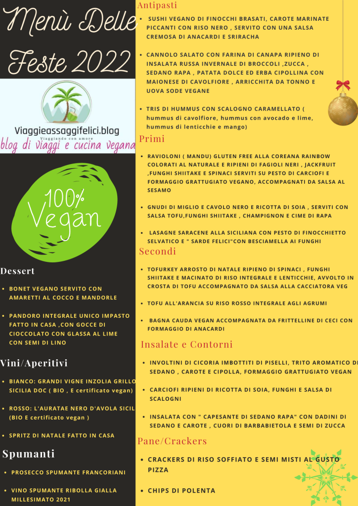 Un menù festivo vegano del 2022 con diverse ricette tra cui antipasti, primi, secondi, insalate e dessert, tutto 100% vegano.