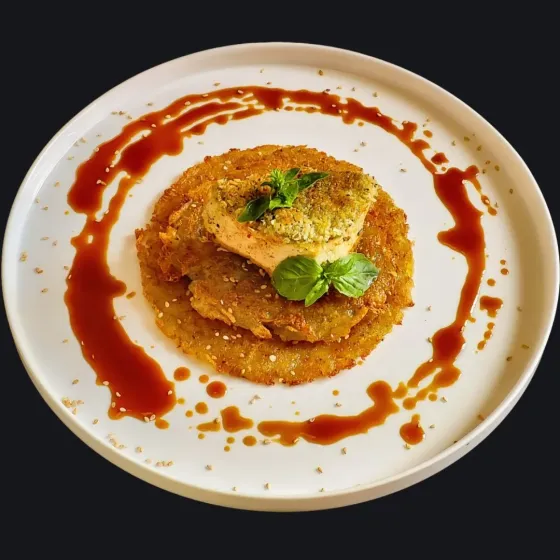 Piatto gourmet vegano con strato di tortino di patate, guarnito con un pezzo di tofu al forno e salsa, decorato con foglie di basilico.