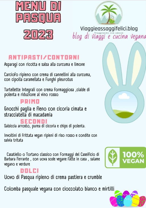 Menu di Pasqua 2023 con ricette vegane, include antipasti, primi, secondi e dolci.