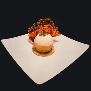 Un dessert gourmet composto da una sfera di gelato su una base di biscotto, decorato con croccante colorato e una foglia di menta, presentato su un piatto bianco.