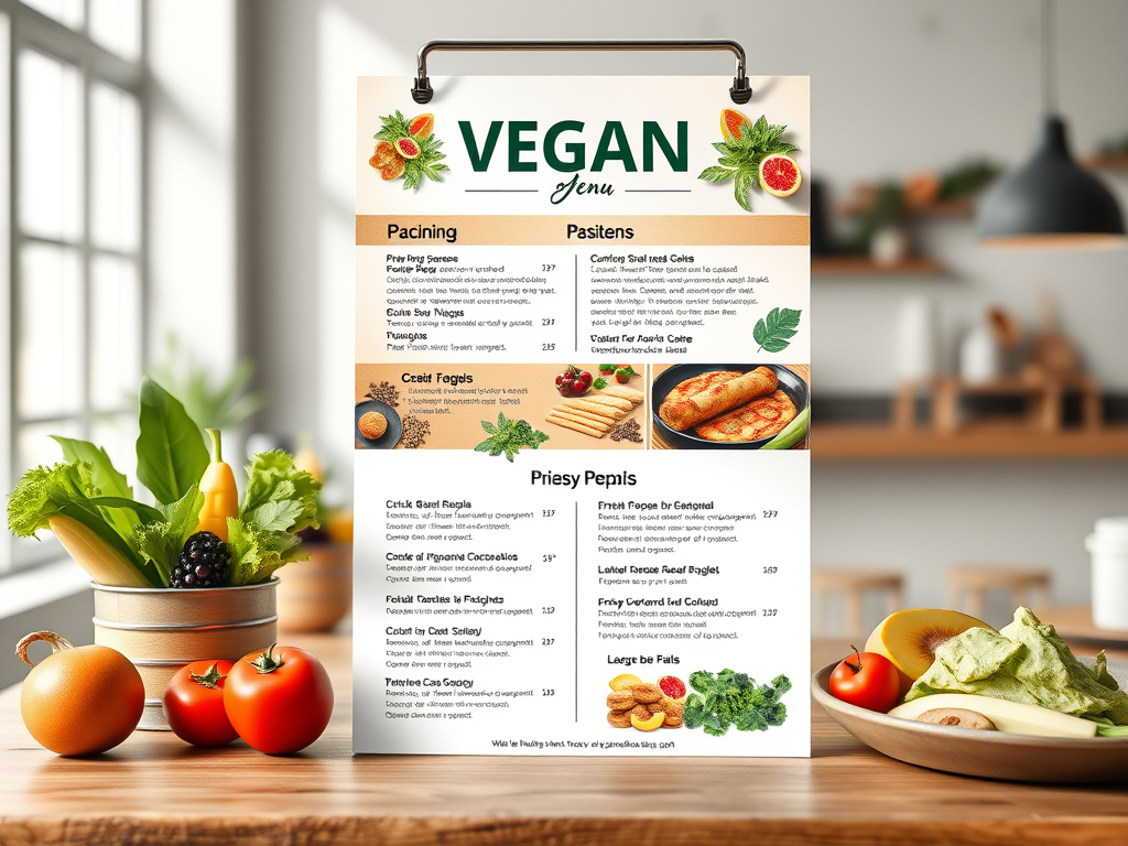 Un menù vegano appeso su una parete con piatti e offerte, circondato da verdure fresche e pomodori su un tavolo in una cucina.