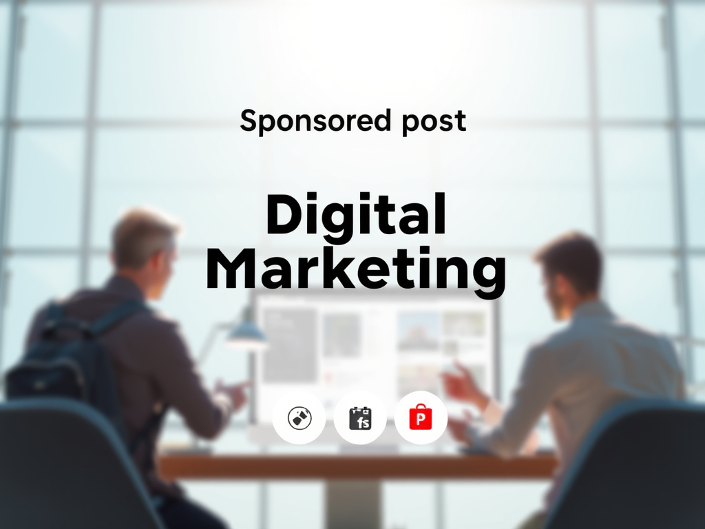 Due persone sedute a un tavolo, discutendo di marketing digitale davanti a un computer, con uno sfondo luminoso e moderno.