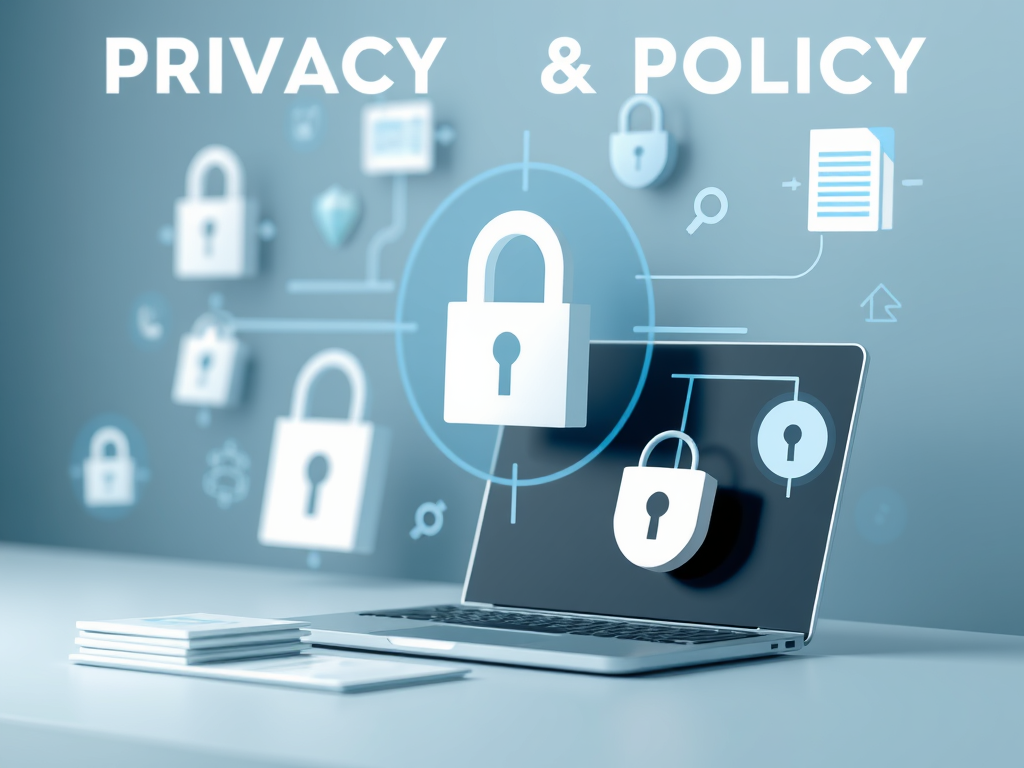 Un laptop con simboli di sicurezza e chiavi, con le parole 'Privacy & Policy' in alto.