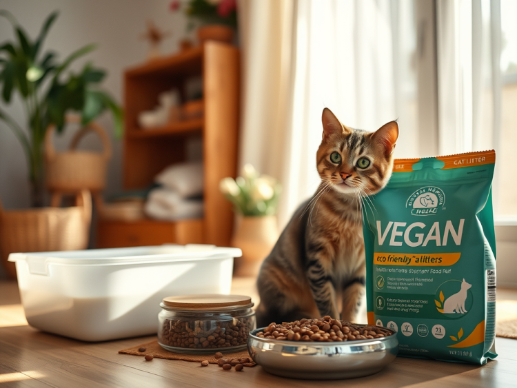 Un gatto in casa accanto a sacchetto di lettiera ecologica e contenitori di cibo.