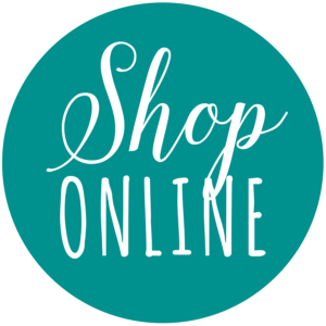 Logo circolare con la scritta 'Shop Online' in stile calligrafico su sfondo color turchese.