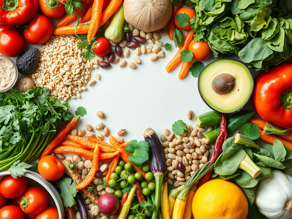 Varietà di frutta e verdura fresche disposte in modo artistico, inclusi pomodori, avocado, peperoni e legumi, su uno sfondo bianco.