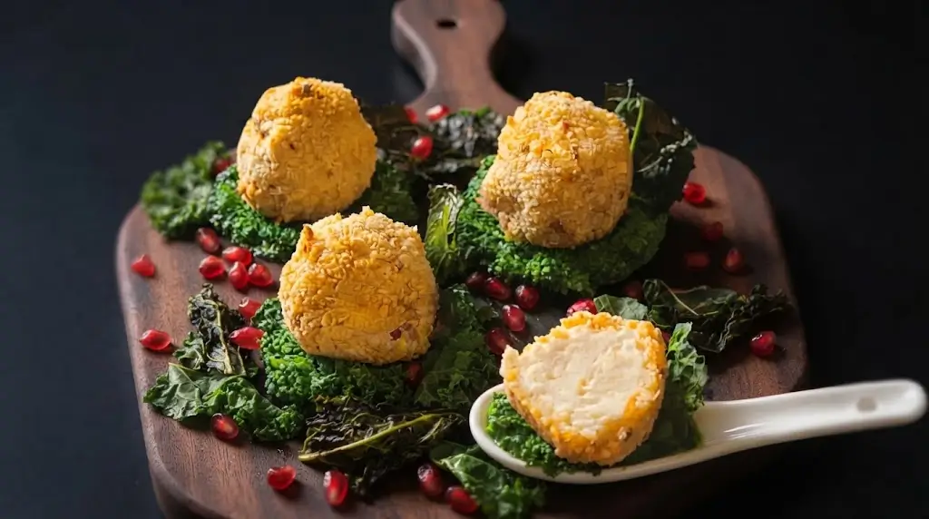 Veggarelline croccanti su pesto di cavolo nero e chips gourmet