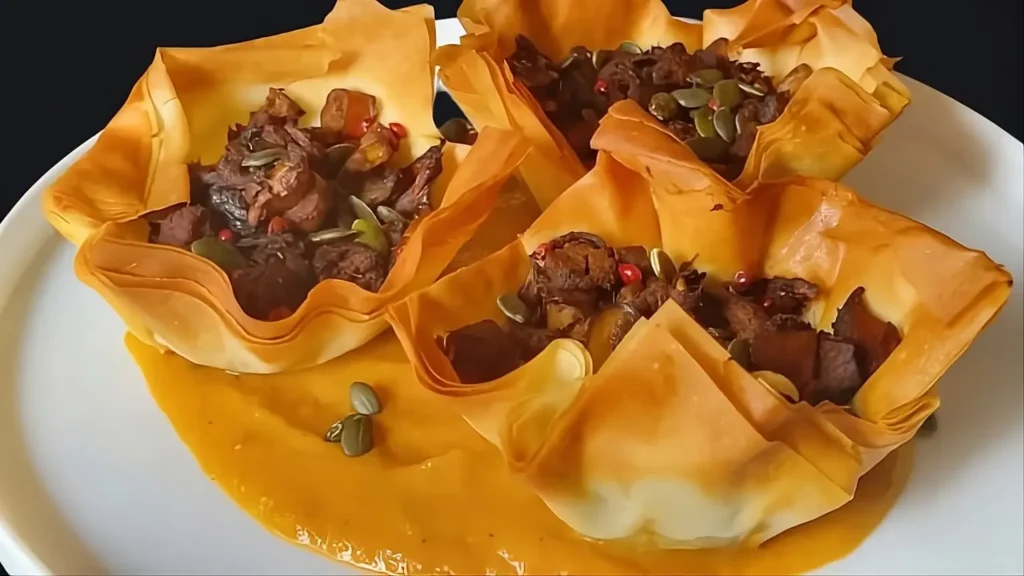 Cestini croccanti di pasta fillo con "Vegan Kabanos" e funghi su letto di crema di zucca