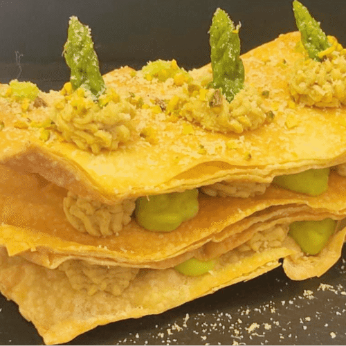 Millefoglie salata: mousse di tempeh e crema di asparagi